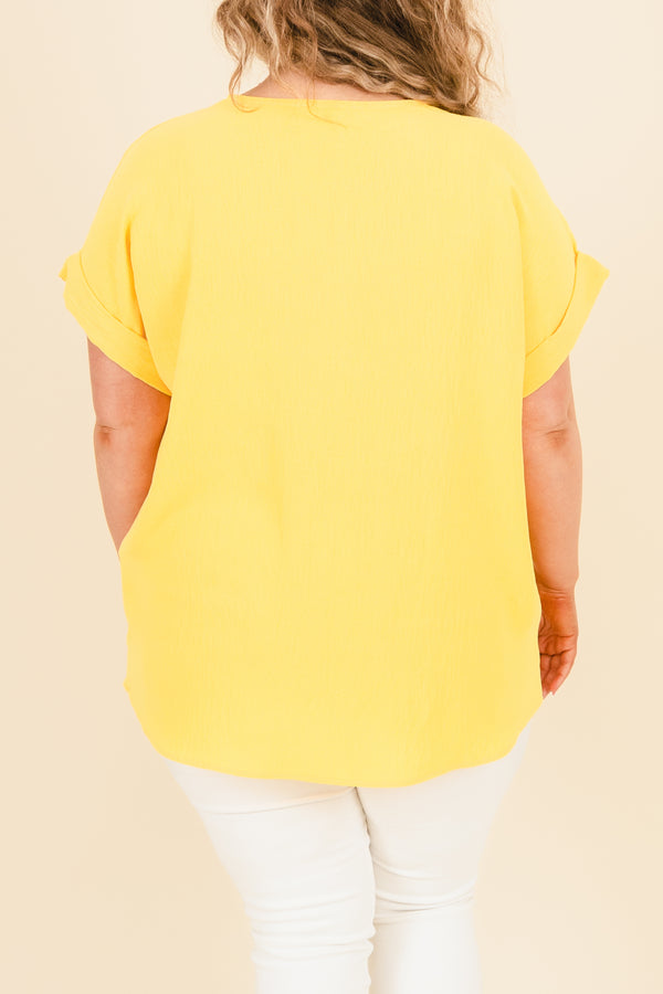 Chic Soul plus size clothing, sunflower yellow blouse with crisscross neckline and pre cuffed sleeves