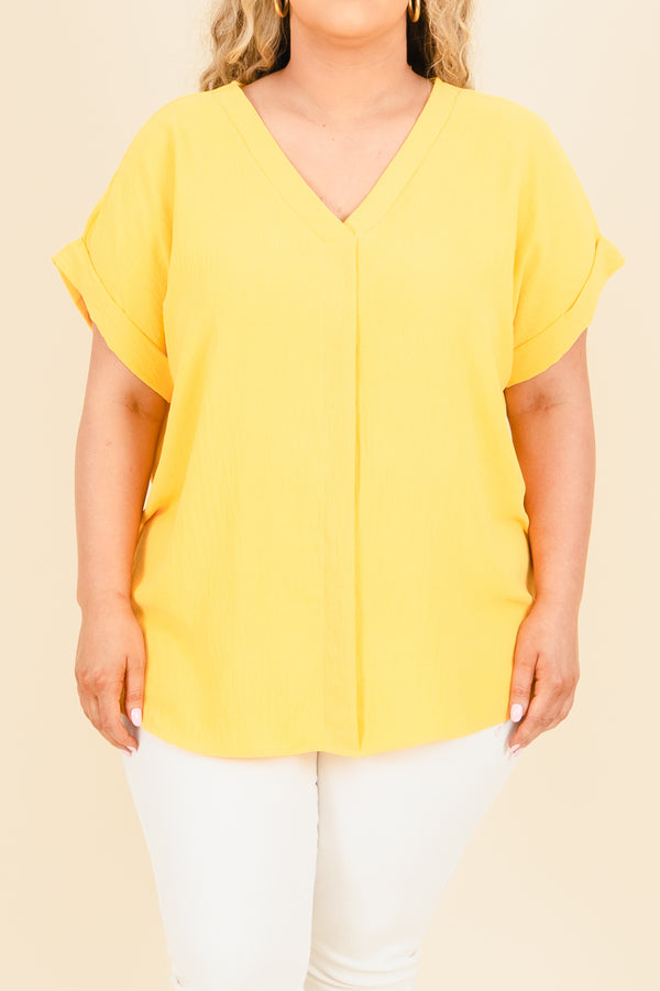Chic Soul plus size clothing, sunflower yellow blouse with crisscross neckline and pre cuffed sleeves