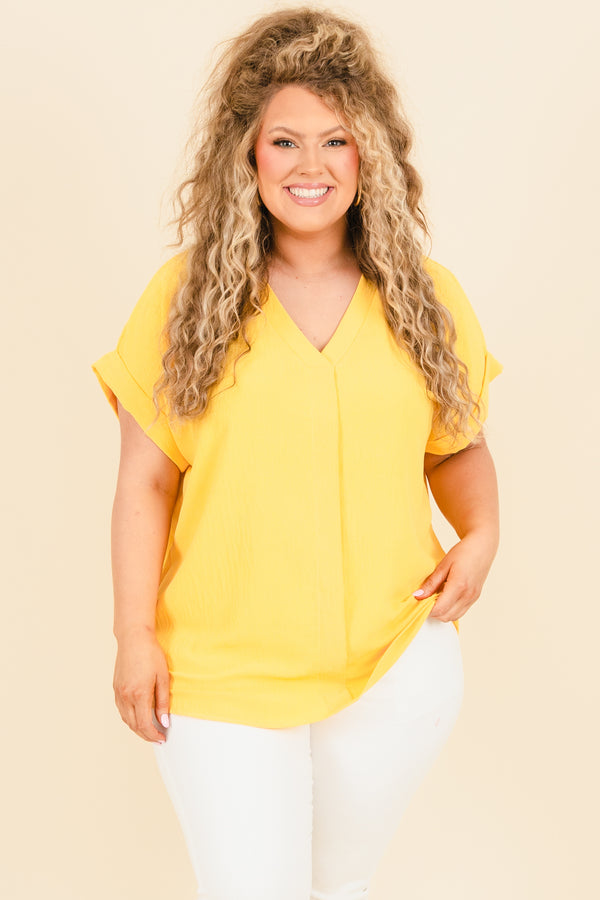 Chic Soul plus size clothing, sunflower yellow blouse with crisscross neckline and pre cuffed sleeves
