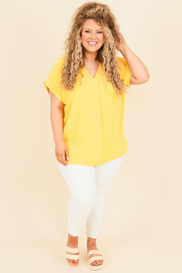Chic Soul plus size clothing, sunflower yellow blouse with crisscross neckline and pre cuffed sleeves