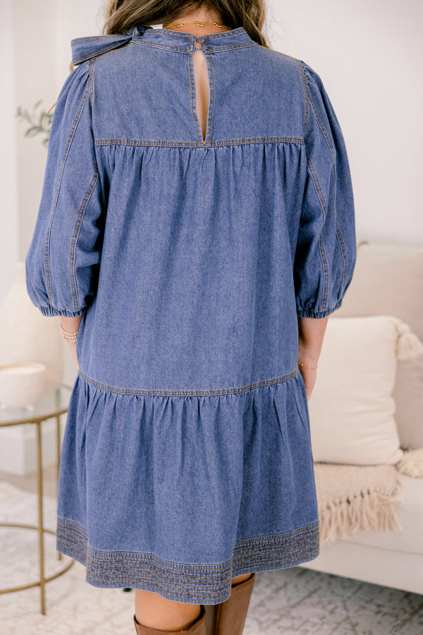 Chic Soul plus size clothing, medium wash denim 3/4 sleeve tiered baby doll dress with oversized bow tie at the collar