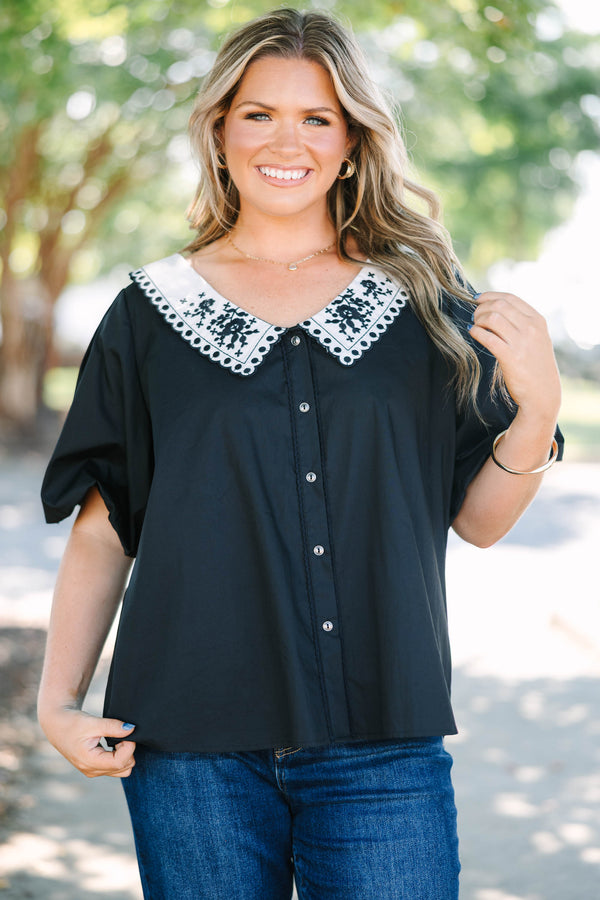 Plus Size black cotton button-down top with a white embroidered Peter Pan collar and puff sleeves.