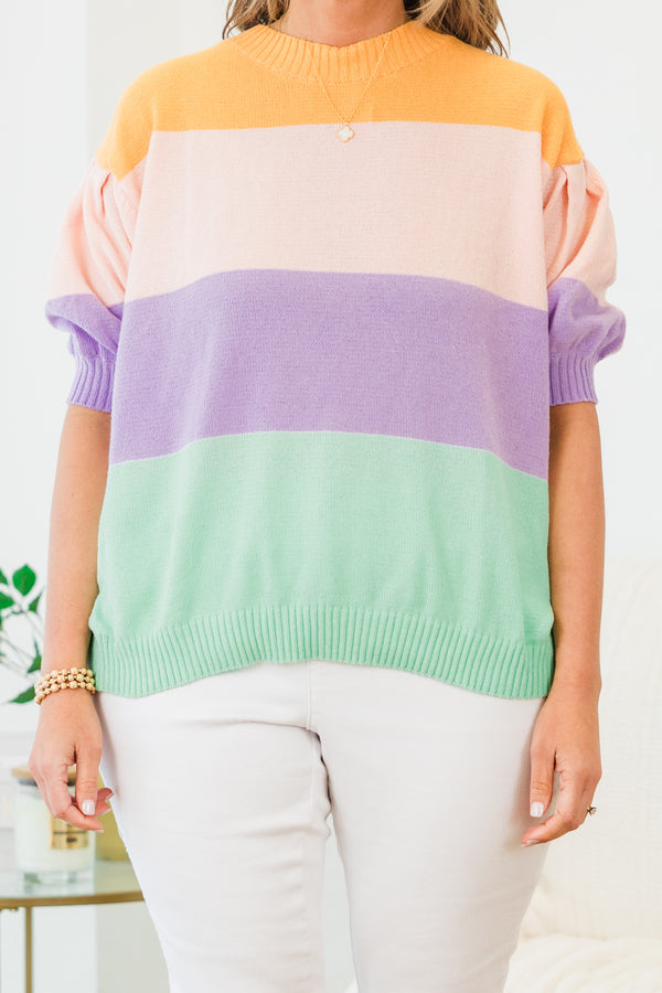 Chic Soul plus size clothing, short-puffed-sleeve multi-colored sweater with a mock neck and color block striped pattern