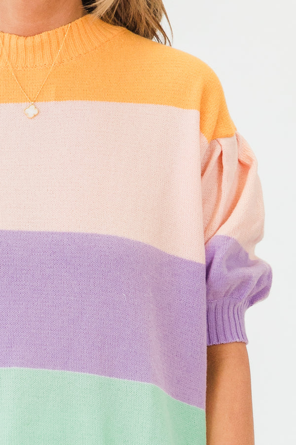 Chic Soul plus size clothing, short-puffed-sleeve multi-colored sweater with a mock neck and color block striped pattern