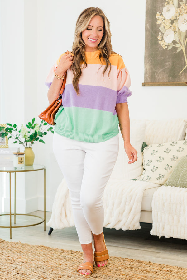 Chic Soul plus size clothing, short-puffed-sleeve multi-colored sweater with a mock neck and color block striped pattern
