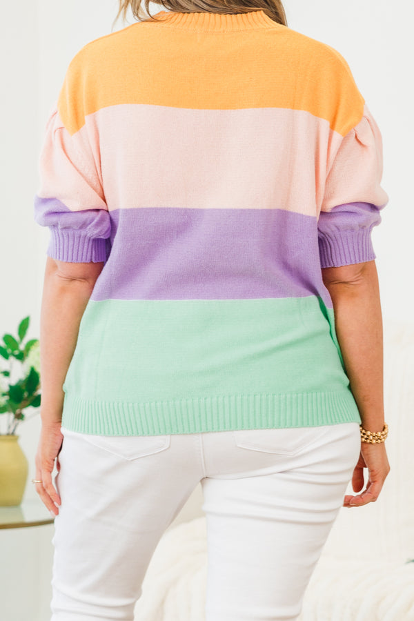 Chic Soul plus size clothing, short-puffed-sleeve multi-colored sweater with a mock neck and color block striped pattern
