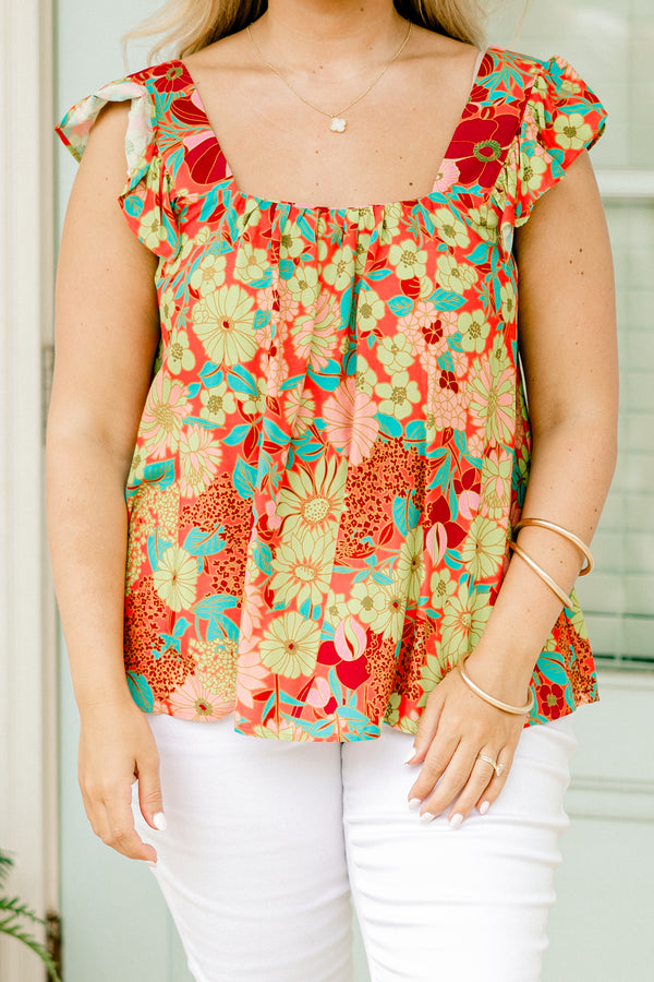 Chic Soul Plus size clothing, pink multi-color top with a floral pattern, square neckline and flutter sleeves 
