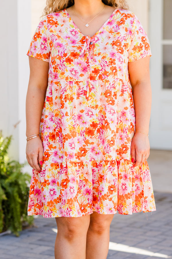 Chic Soul plus size clothing, short sleeve orange and pink floral short dress