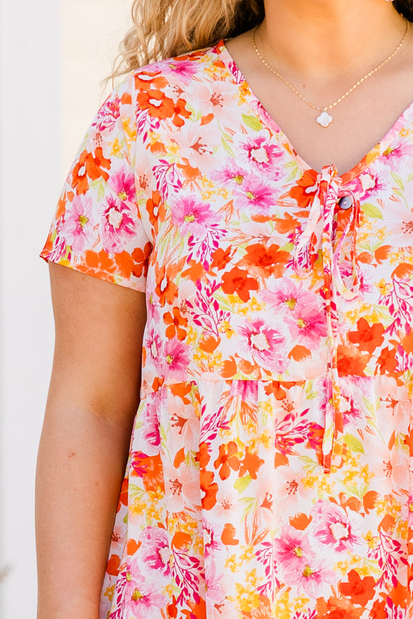 Chic Soul plus size clothing, short sleeve orange and pink floral short dress