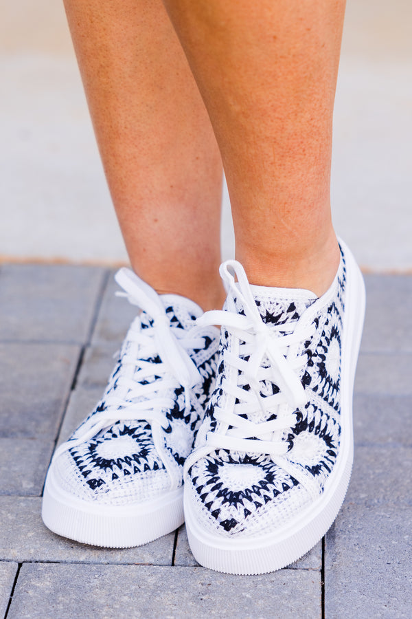 Chic Soul plus size clothing, black-white sneakers with crochet granny square pattern 