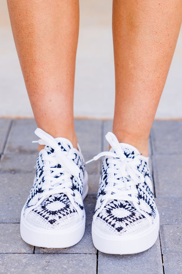 Chic Soul plus size clothing, black-white sneakers with crochet granny square pattern 