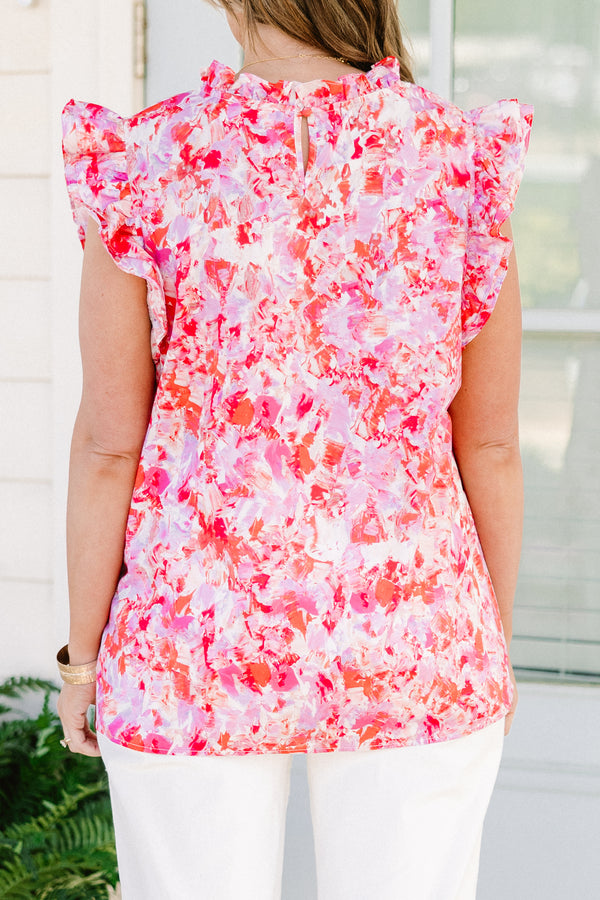 Chic Soul plus size clothing, short-flutter-sleeve pink top with a ruffled mock neck with an abstract pink pattern