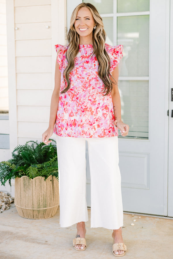 Chic Soul plus size clothing, short-flutter-sleeve pink top with a ruffled mock neck with an abstract pink pattern