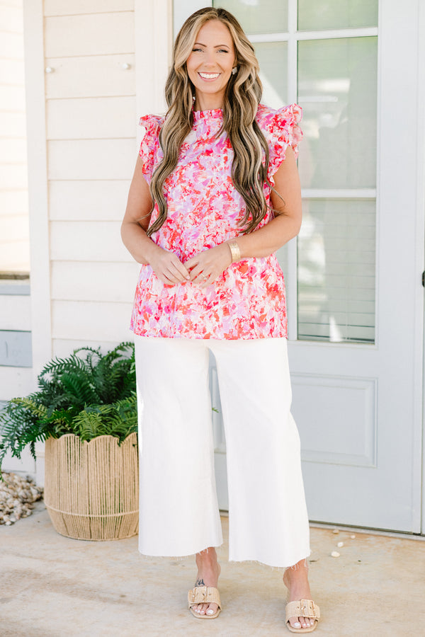 Chic Soul plus size clothing, short-flutter-sleeve pink top with a ruffled mock neck with an abstract pink pattern
