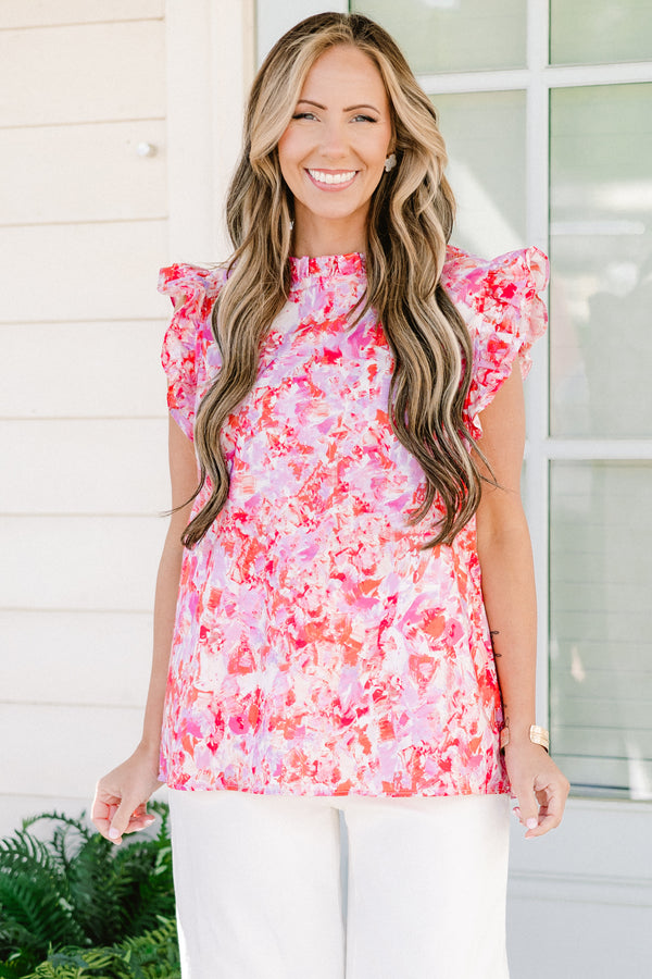 Chic Soul plus size clothing, short-flutter-sleeve pink top with a ruffled mock neck with an abstract pink pattern