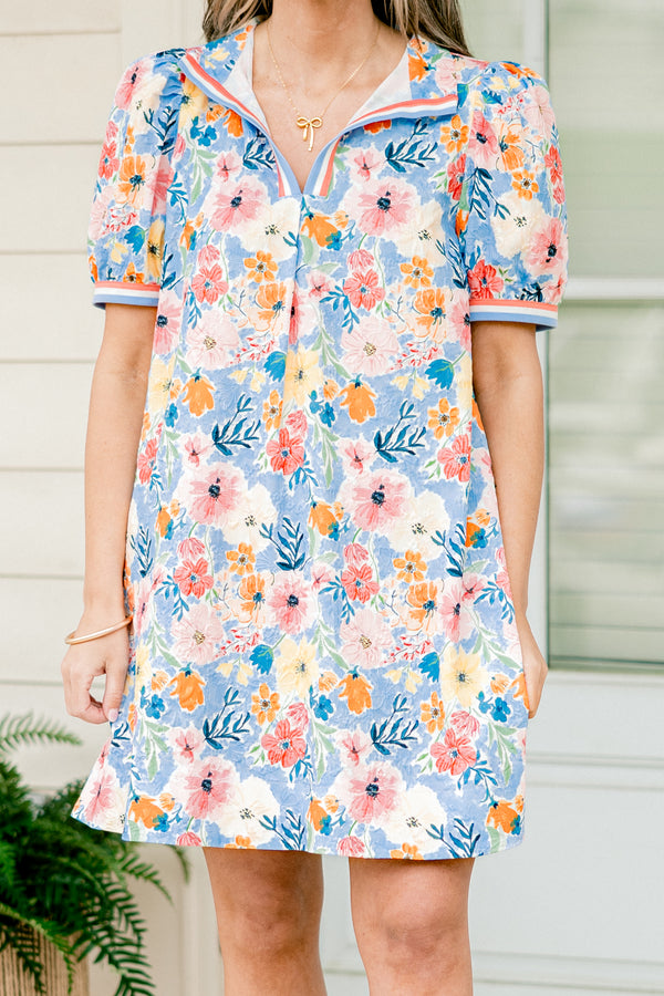 Chic Soul plus size clothing, blue and pink, orange, cream floral short dress with rounded collar and puff sleeves