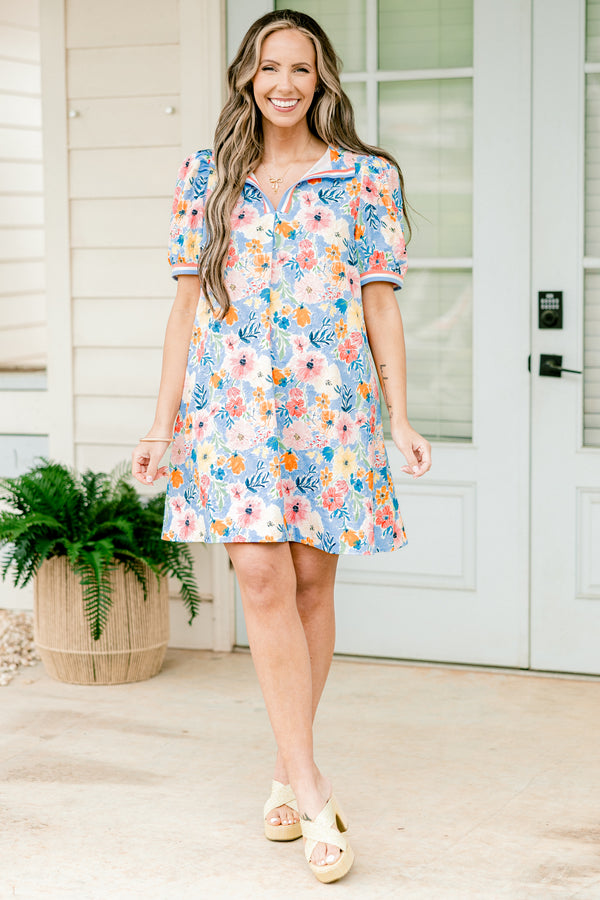 Chic Soul plus size clothing, blue and pink, orange, cream floral short dress with rounded collar and puff sleeves
