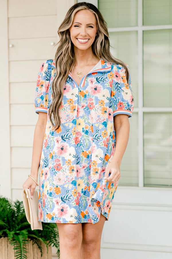 Chic Soul plus size clothing, blue and pink, orange, cream floral short dress with rounded collar and puff sleeves