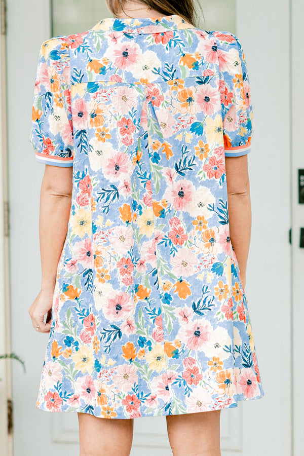 Chic Soul plus size clothing, blue and pink, orange, cream floral short dress with rounded collar and puff sleeves