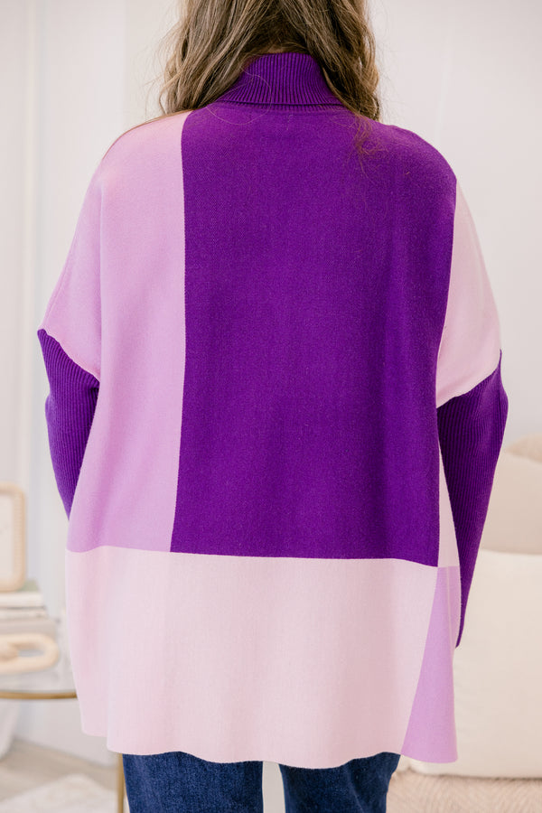 Chic Soul plus size clothing, purple color blocked long sleeve turtle neck tunic sweater