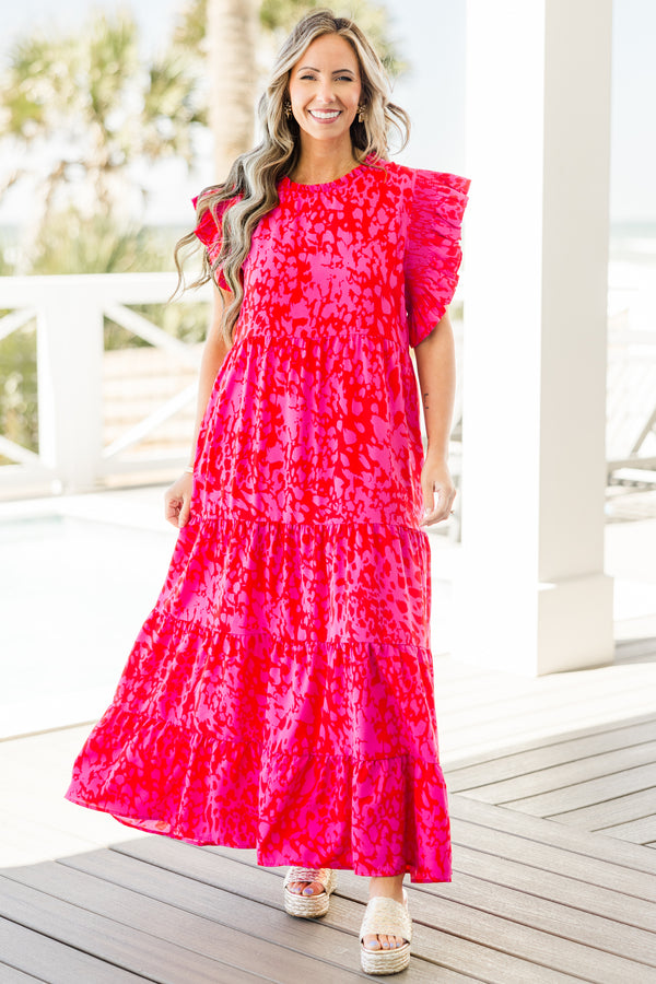 Chic Soul plus size clothing, fuchsia short sleeve tiered maxi dress with abstract spotted print with round neckline with ruffle detail with ruffle flare sleeves