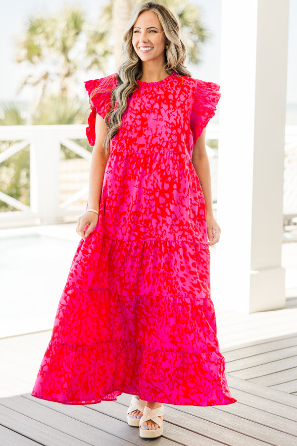 Chic Soul plus size clothing, fuchsia short sleeve tiered maxi dress with abstract spotted print with round neckline with ruffle detail with ruffle flare sleeves