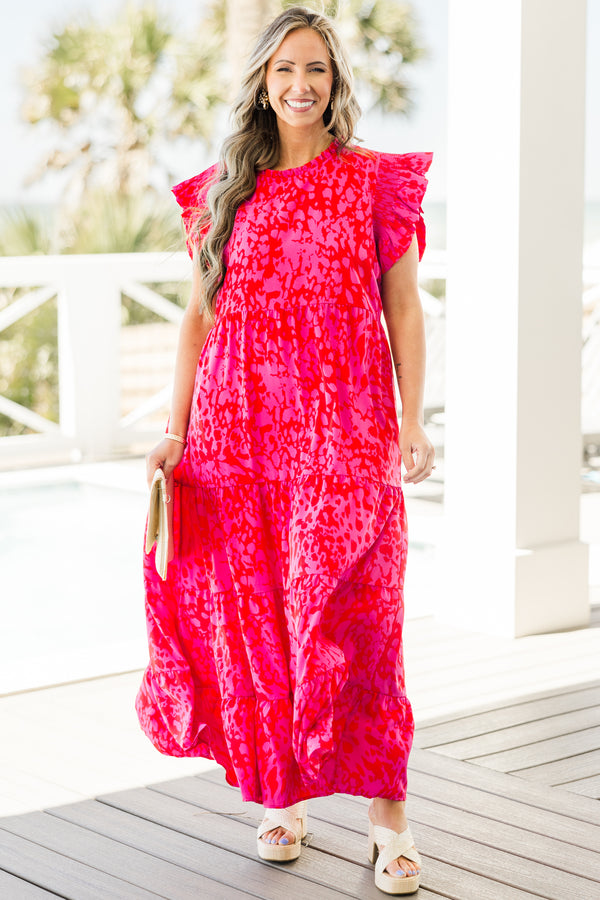 Chic Soul plus size clothing, fuchsia short sleeve tiered maxi dress with abstract spotted print with round neckline with ruffle detail with ruffle flare sleeves