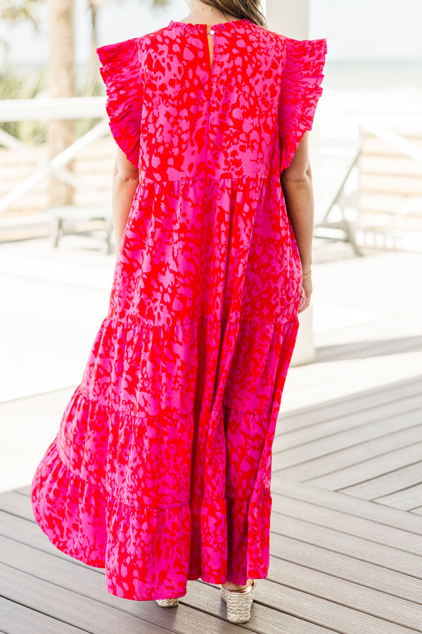 Chic Soul plus size clothing, fuchsia short sleeve tiered maxi dress with abstract spotted print with round neckline with ruffle detail with ruffle flare sleeves