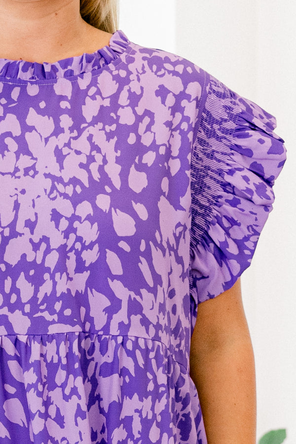 Chic Soul plus size clothing, purple tiered maxi dress with flutter sleeves and an abstract pattern 