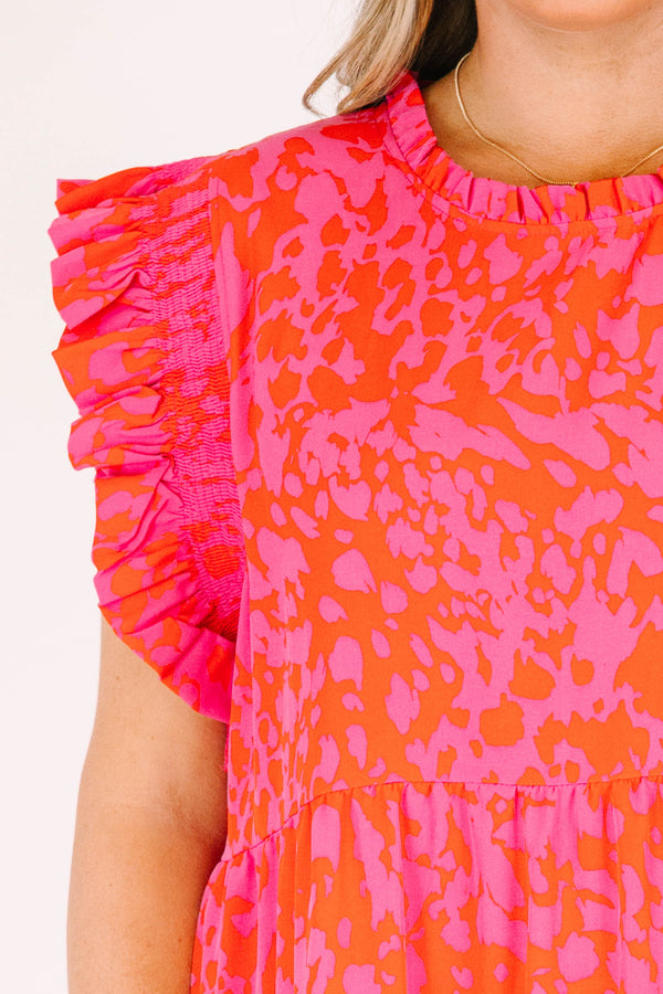 Chic Soul plus size clothing, fuchsia short sleeve tiered maxi dress with abstract spotted print with round neckline with ruffle detail with ruffle sleeves