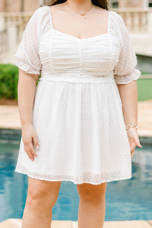 Chic Soul plus size clothing, short sleeve ivory baby doll dress with lace detailing and puffed sleeves