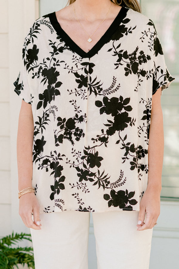 Chic Soul plus size clothing, short-sleeve ivory black floral top with a v-neckline