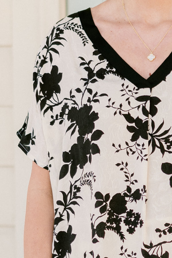Chic Soul plus size clothing, short-sleeve ivory black floral top with a v-neckline