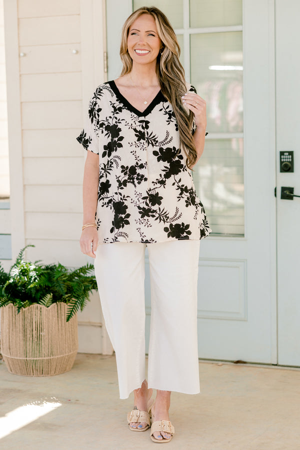 Chic Soul plus size clothing, short-sleeve ivory black floral top with a v-neckline