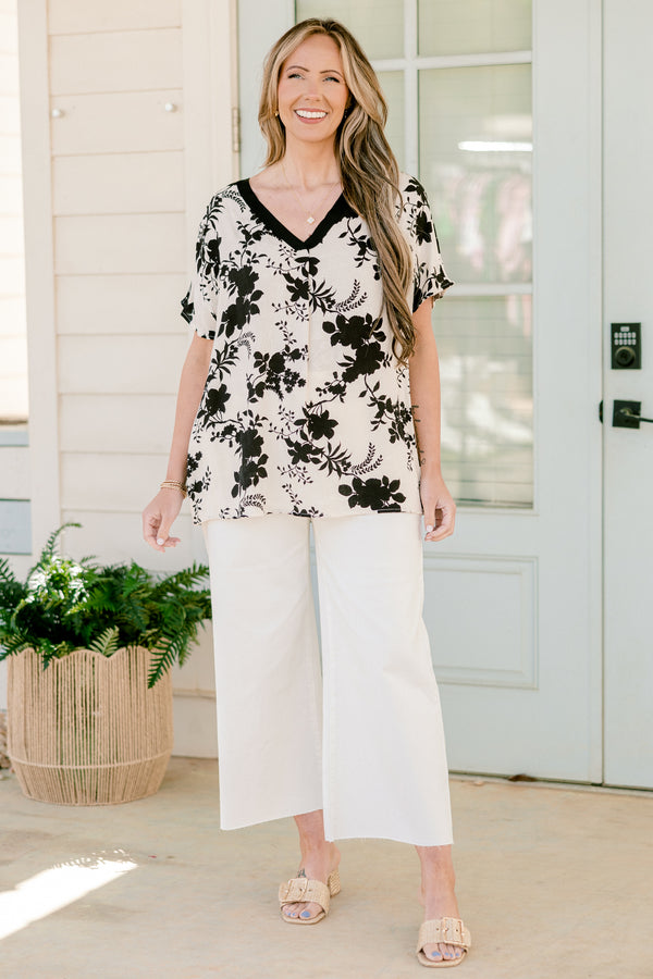 Chic Soul plus size clothing, short-sleeve ivory black floral top with a v-neckline