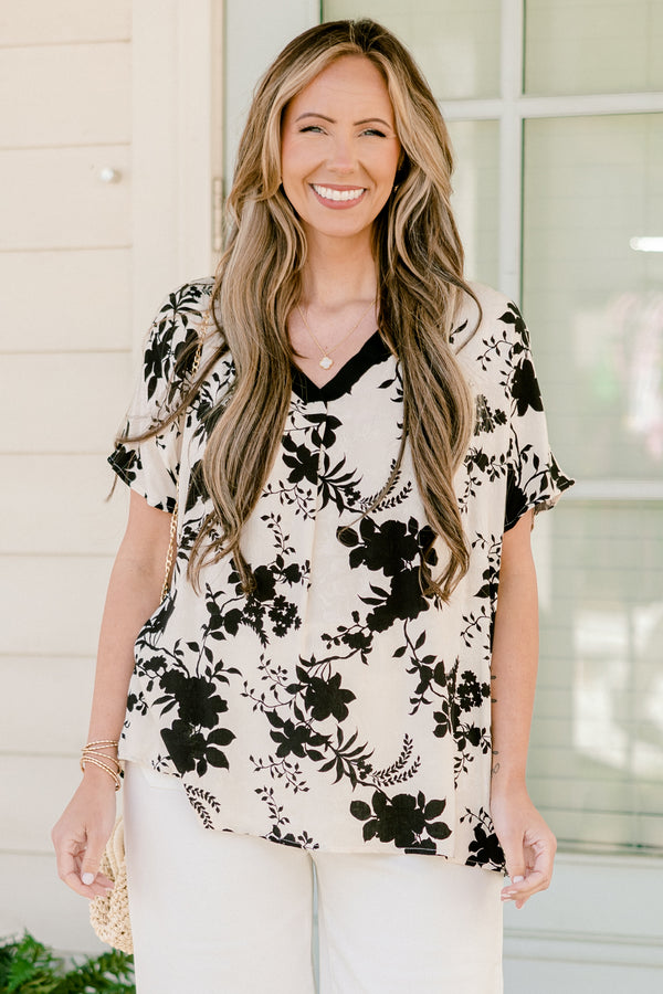Chic Soul plus size clothing, short-sleeve ivory black floral top with a v-neckline