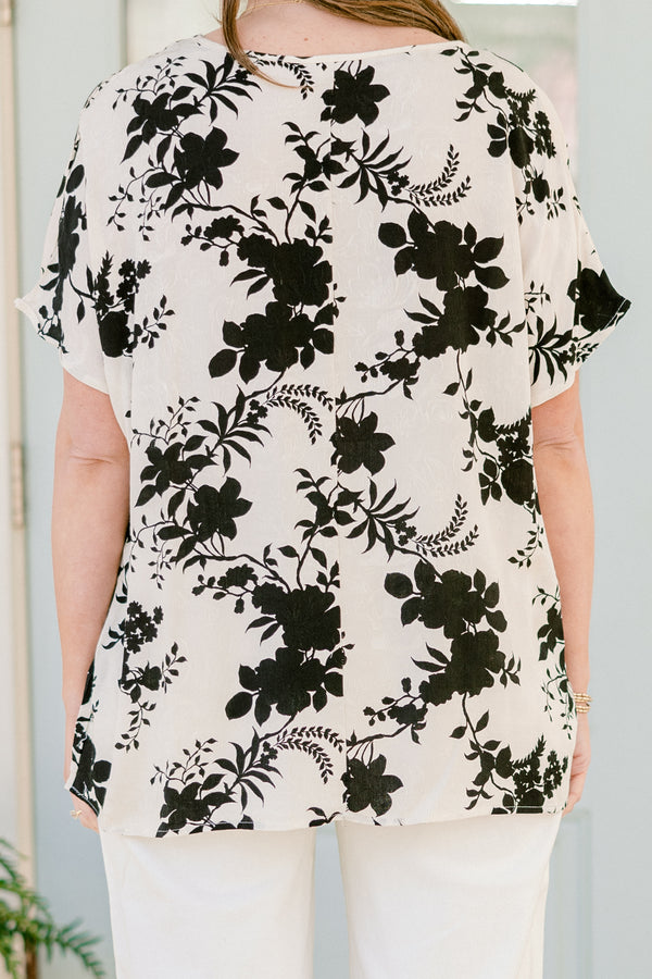 Chic Soul plus size clothing, short-sleeve ivory black floral top with a v-neckline