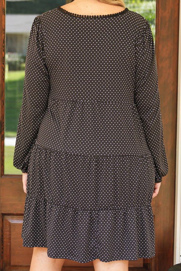 Chic Soul plus size clothing, black short dress with long sleeves and micro polka dots in white and babydoll style