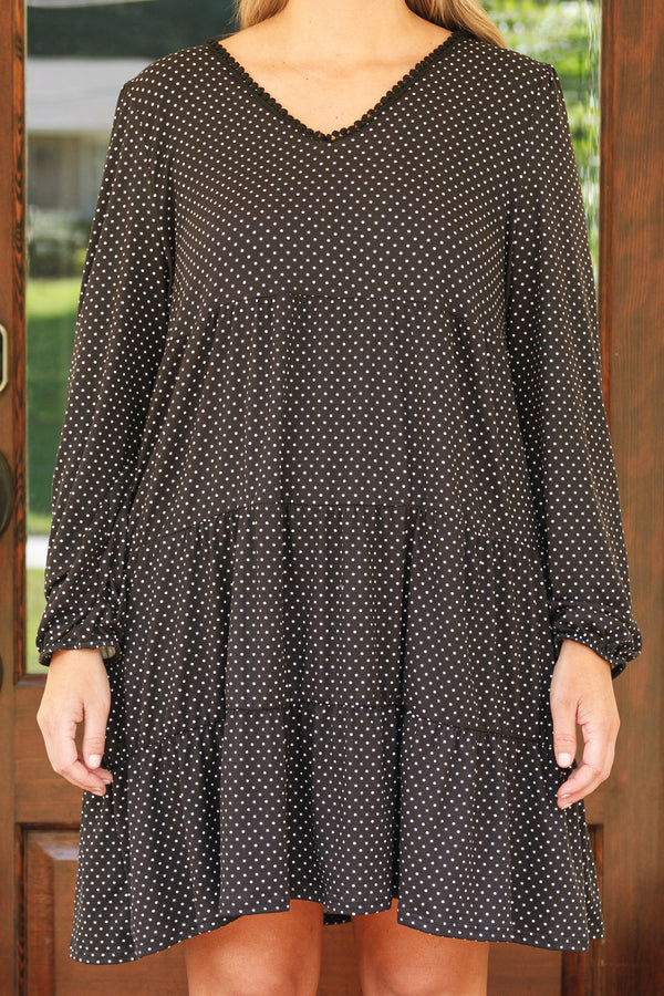 Chic Soul plus size clothing, black short dress with long sleeves and micro polka dots in white and babydoll style