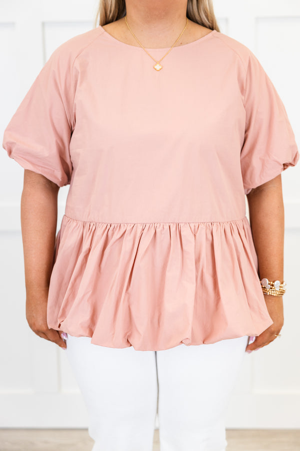 Chic Soul plus size clothing, short-puffed-sleeve rose gold baby doll top with a high-scoop-neckline and a puffed detailing on the lower half of the top 