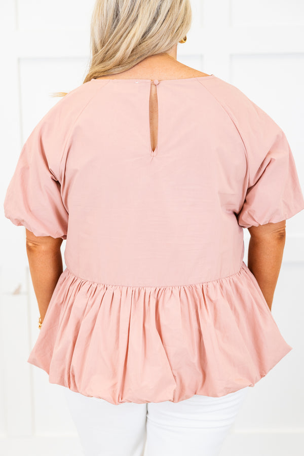 Chic Soul plus size clothing, short-puffed-sleeve rose gold baby doll top with a high-scoop-neckline and a puffed detailing on the lower half of the top 