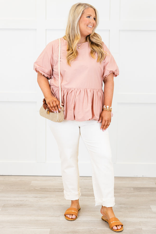 Chic Soul plus size clothing, short-puffed-sleeve rose gold baby doll top with a high-scoop-neckline and a puffed detailing on the lower half of the top 