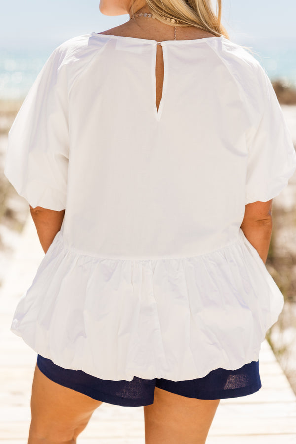 Chic Soul plus size clothing, white short sleeve peplum top with round neckline with bubble sleeve detail with bubble detail along the bottom