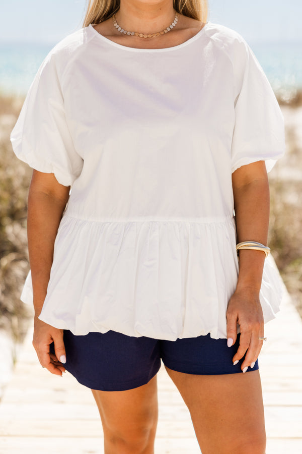 Chic Soul plus size clothing, white short sleeve peplum top with round neckline with bubble sleeve detail with bubble detail along the bottom