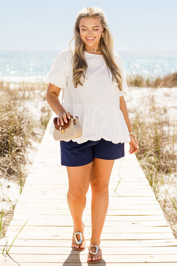 Chic Soul plus size clothing, white short sleeve peplum top with round neckline with bubble sleeve detail with bubble detail along the bottom
