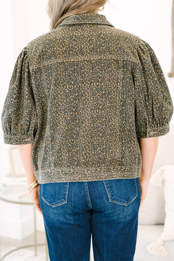 Plus Size leopard print denim jacket with three-quarter puff sleeves and a cropped fit.