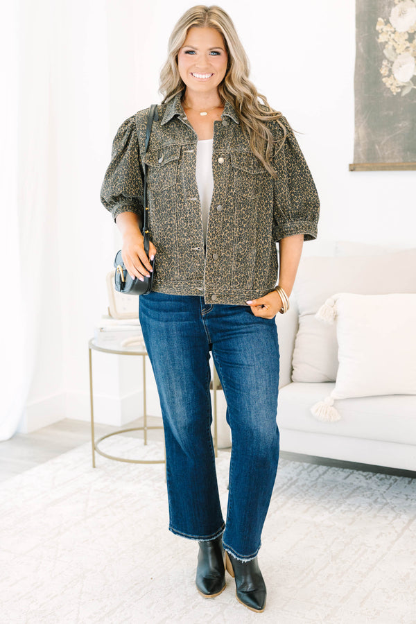 Plus Size leopard print denim jacket with three-quarter puff sleeves and a cropped fit.
