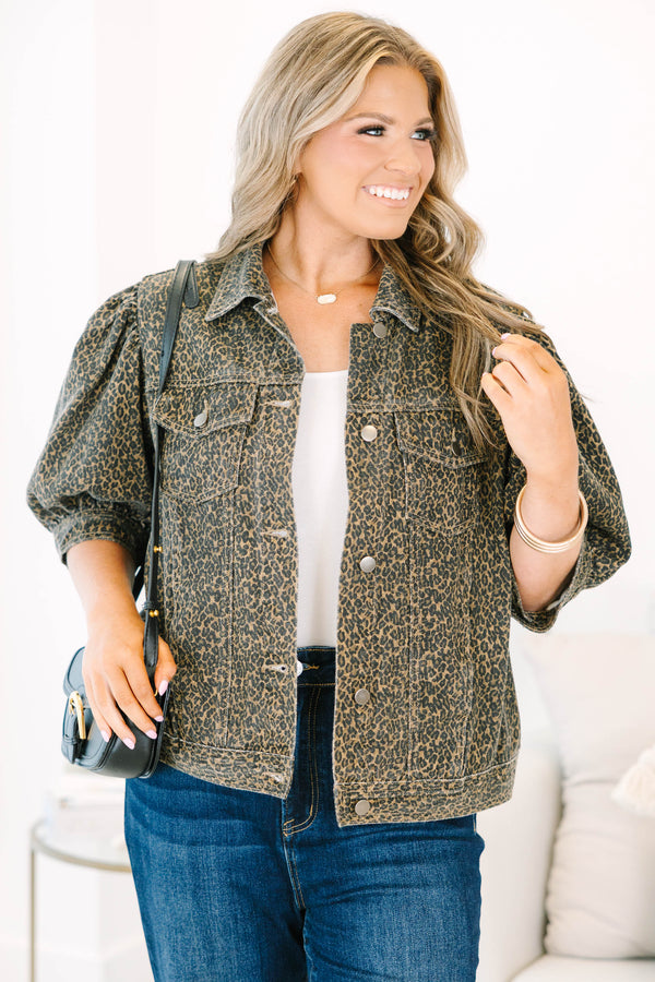 Plus Size leopard print denim jacket with three-quarter puff sleeves and a cropped fit.