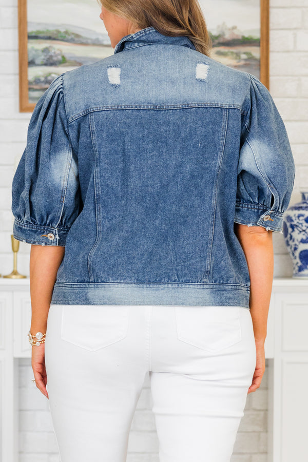 Chic Soul plus size clothing, short-puffed-sleeve washed denim jacket with a collar and silver button detailing
