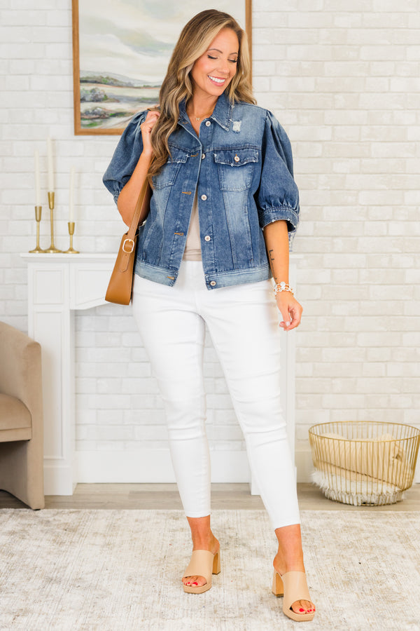 Chic Soul plus size clothing, short-puffed-sleeve washed denim jacket with a collar and silver button detailing